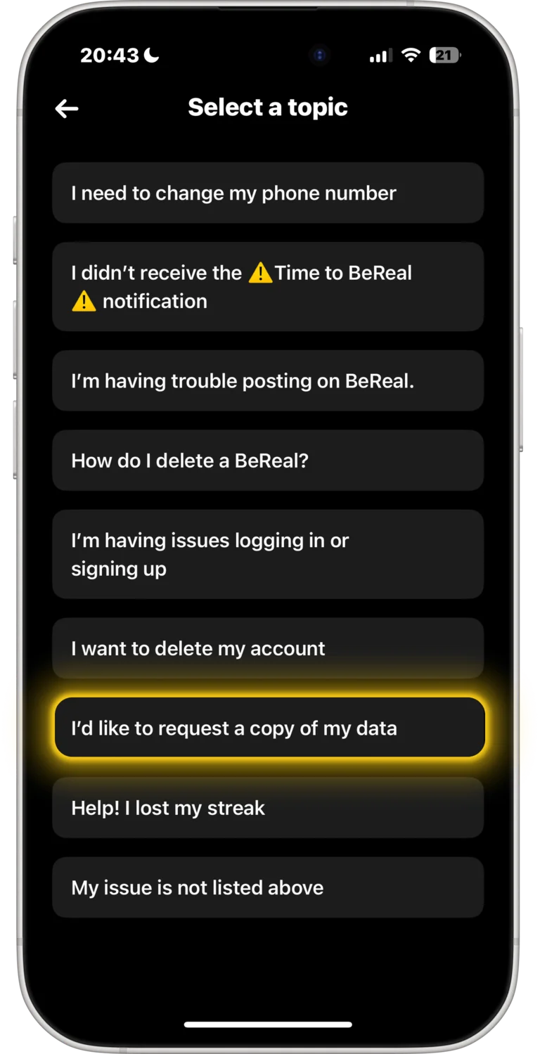 BeReal Select a topic screen